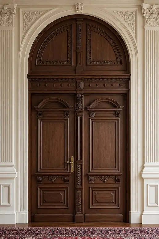 Arched Walnut Double Door – Carved Panels, White Arched Surround