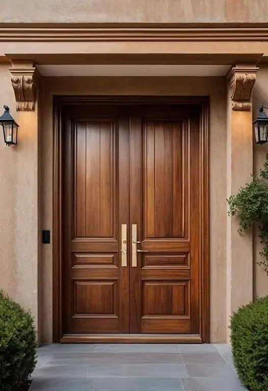 Walnut Double Entrance Door – Gold Handles, Corbelled Canopy