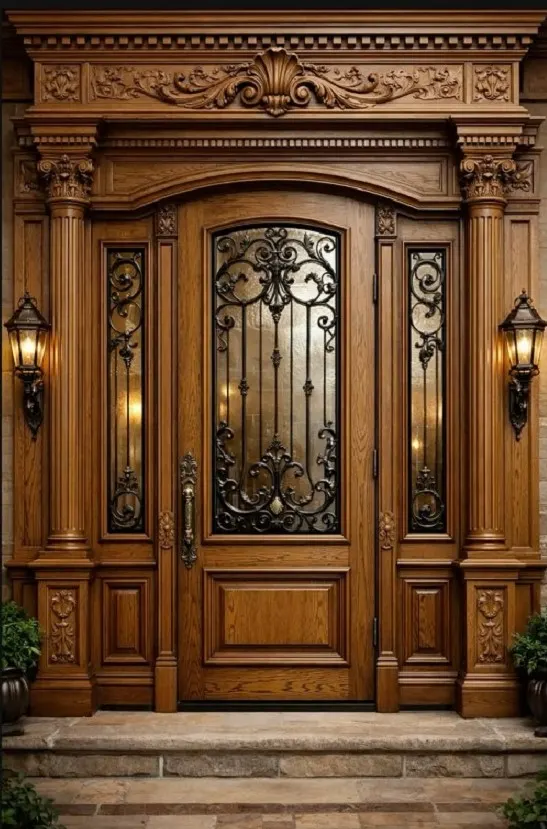 Carved Oak Entrance Door – Wrought-Iron Glazing, Columns