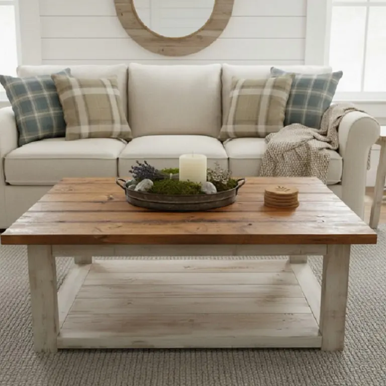 Plank-Top Wooden Coffee Table – White Frame, Lower Shelf