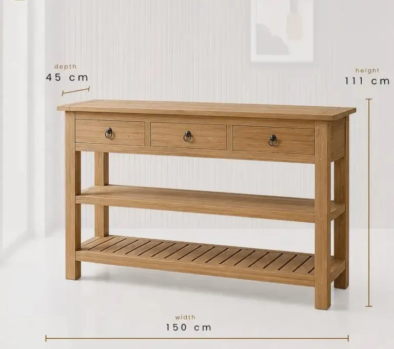 Three-Drawer Wooden Console – Two Lower Shelves, 150 cm Wide