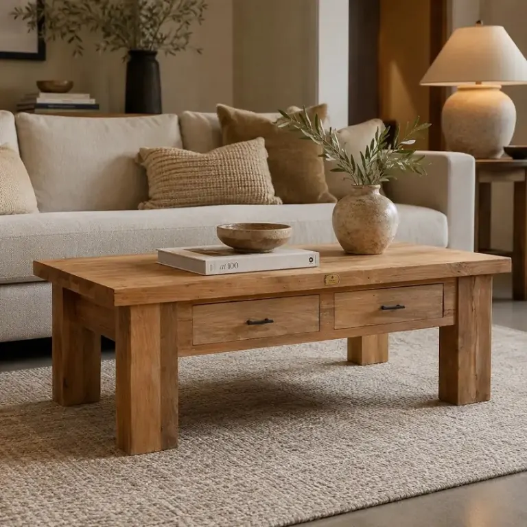 Wooden Coffee Table with Drawers – Chunky Legs, Natural Tone