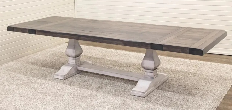 Vase-pedestal wooden dining table, grey top and white base