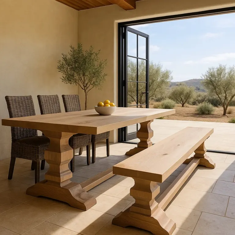 Twin-baluster dining table with bench