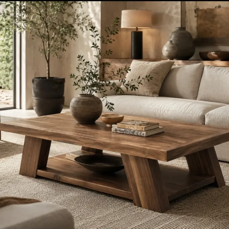 Splayed-Leg Wooden Coffee Table – Lower Shelf, Natural Tone