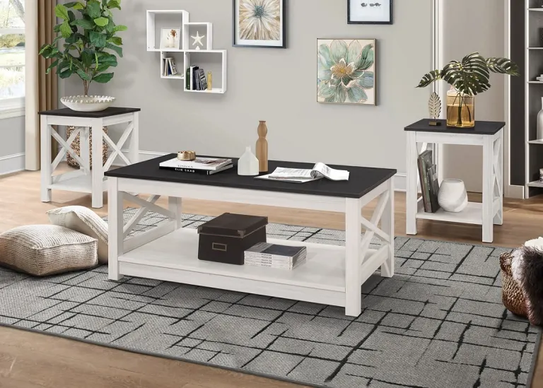 X-sided coffee table, black top option with side tables