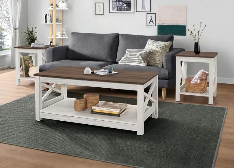 X-sided coffee table, walnut-tone top option
