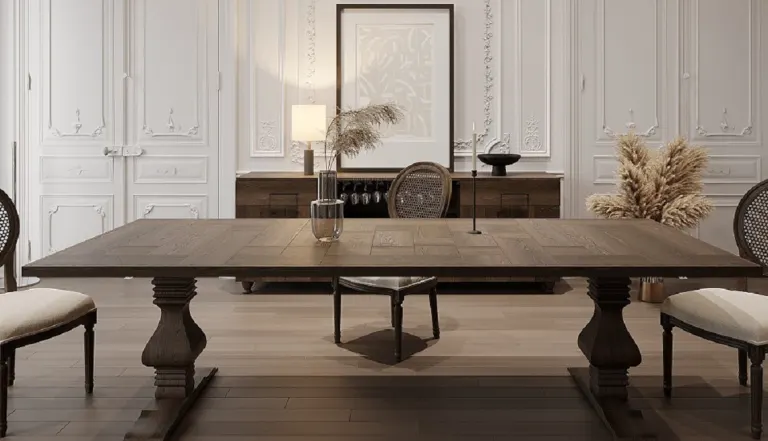 Vase-pedestal wooden dining table, dark grey tone in a dining room