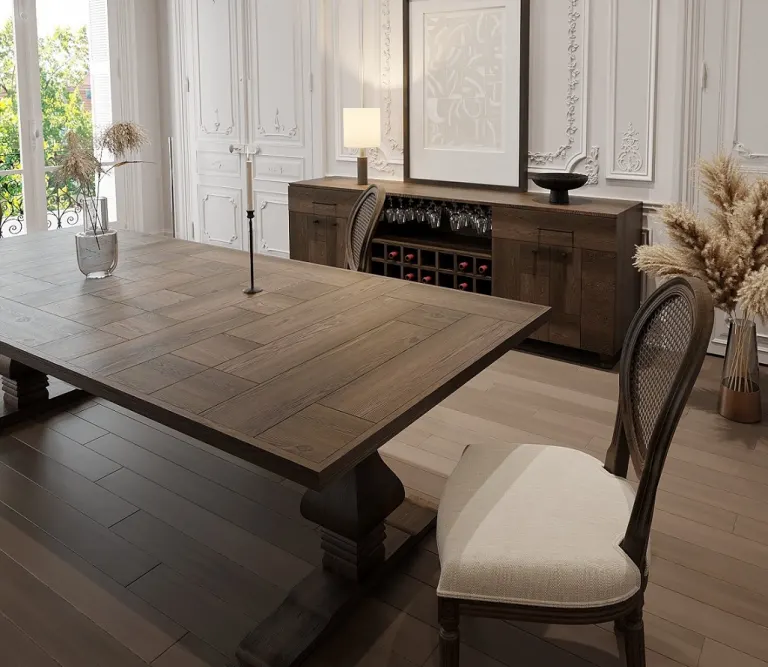 Vase-pedestal wooden dining table, dark grey tone, close view