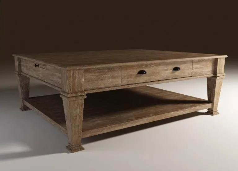Wooden Coffee Table with Drawers – Lower Shelf, Chunky Legs
