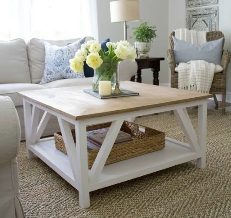 X-Sided Wooden Coffee Table – Lower Shelf, White Frame