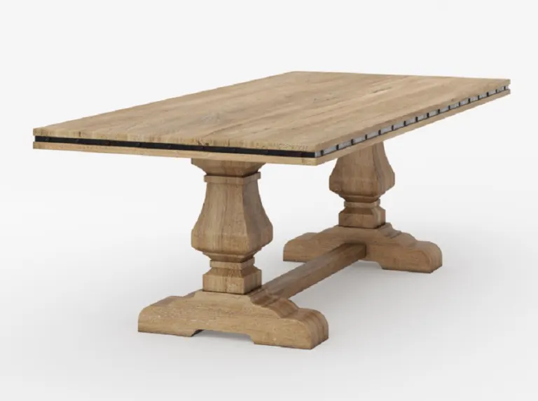 Nailhead-Strap Wooden Dining Table – Vase Pedestals, Stretcher