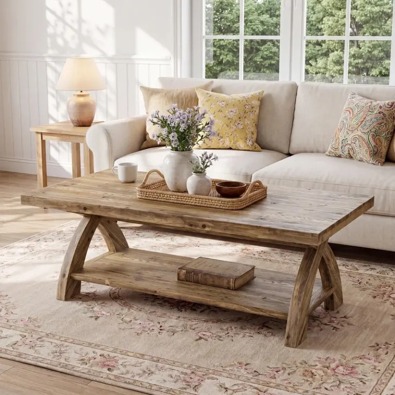 Curved-Leg Wooden Coffee Table – Lower Shelf, Rustic Top