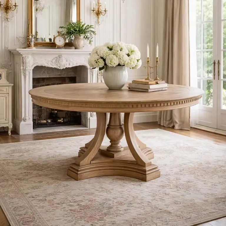 Round Wooden Dining Table – Dentil Edge, Scrolled Legs