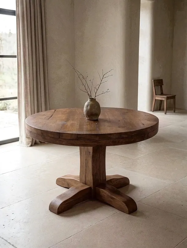 Round Wooden Table – Thick Top, Cross-Footed Pedestal