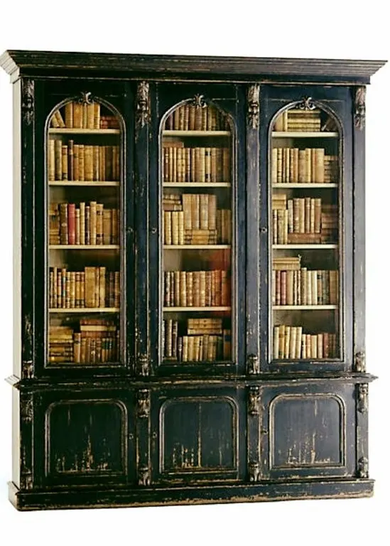 Arched Glazed Black Office Bookcase – Gilt Distressed, Three Doors