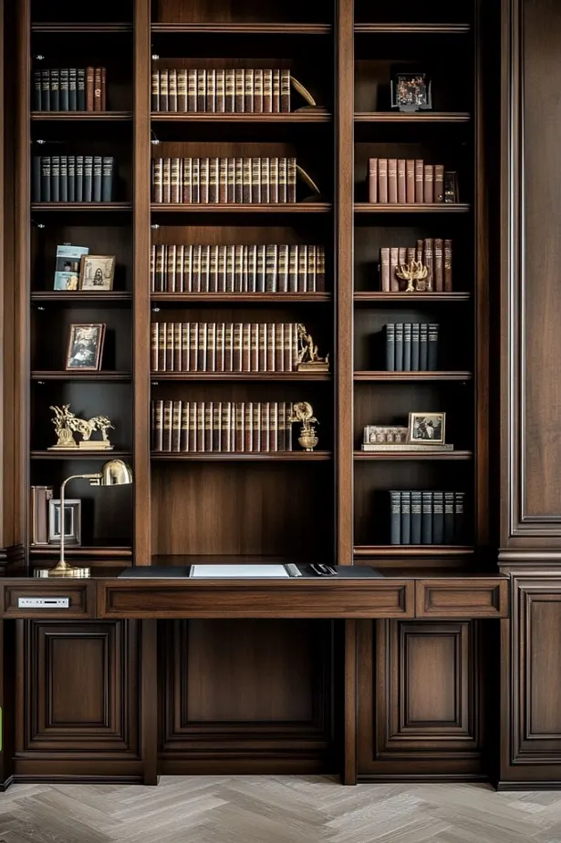 Walnut Study Bookcase with Built-In Desk – Wall Length