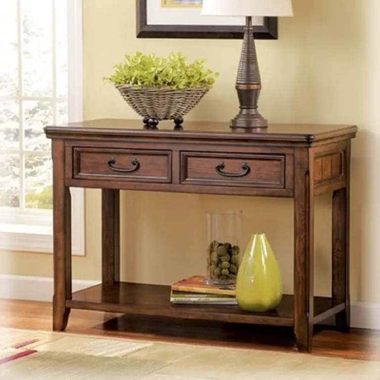 Walnut Wooden Console Table – Two Drawers, Lower Shelf