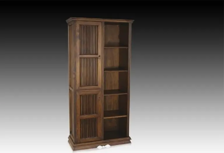 Narrow Wooden Office Unit – Reeded Door, Open Shelves