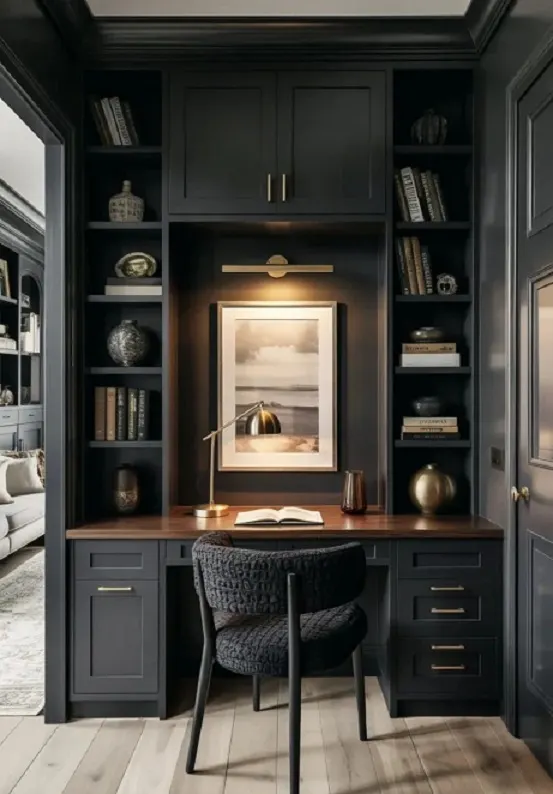 Black Built-In Study Nook – Desk, Shelves and Wall Cabinet