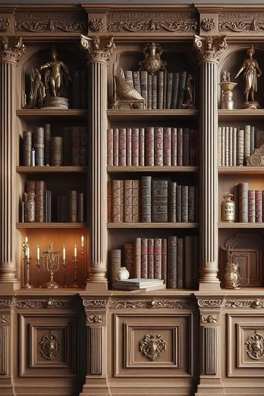 Carved Walnut Study Bookcase – Columns, Relief Panels