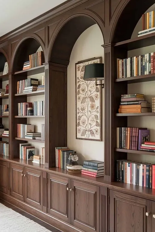 Arched Walnut Study Bookcase – Wall-Length Niches