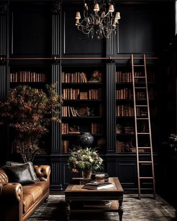 Black Floor-to-Ceiling Study Library – Rolling Ladder