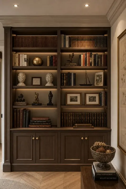 Dark Walnut Built-In Office Bookcase – Lit Shelves, Cupboards