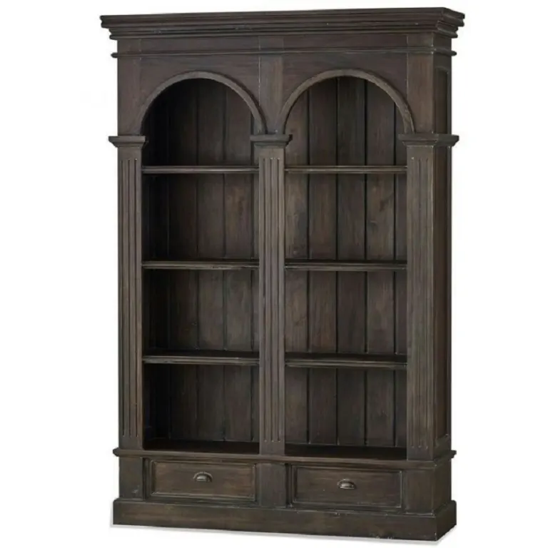 Arched Dark Wood Office Bookcase – Twin Bays, Drawers