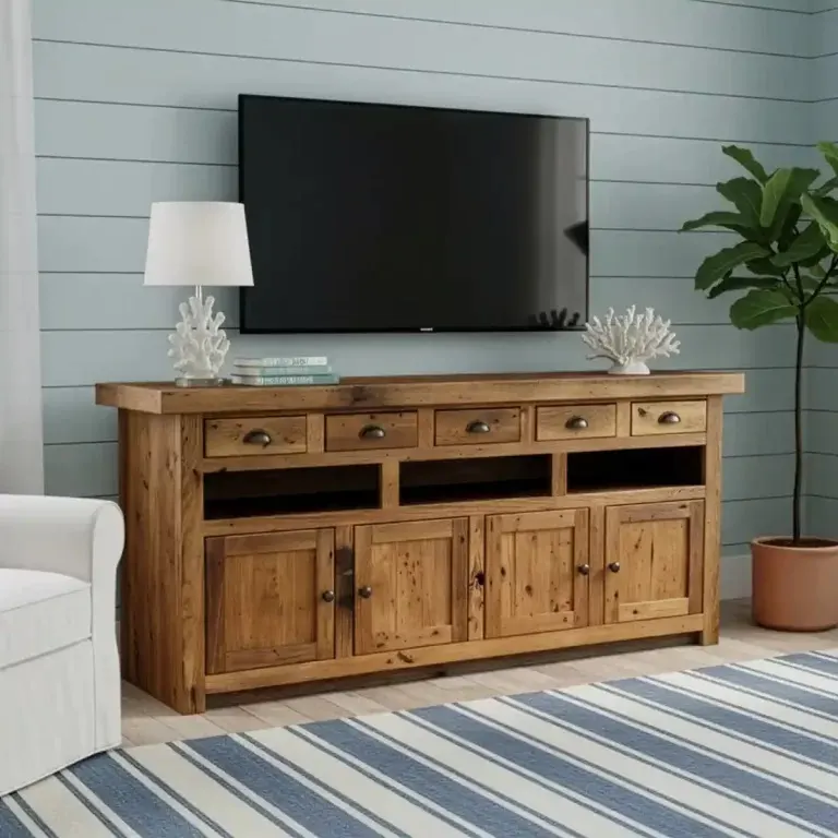 Pine TV Console – Drawers, Open Shelf, Lower Doors