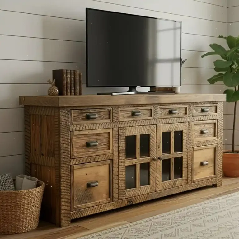 Rustic TV Console – Glazed Centre Doors, Drawer Sides