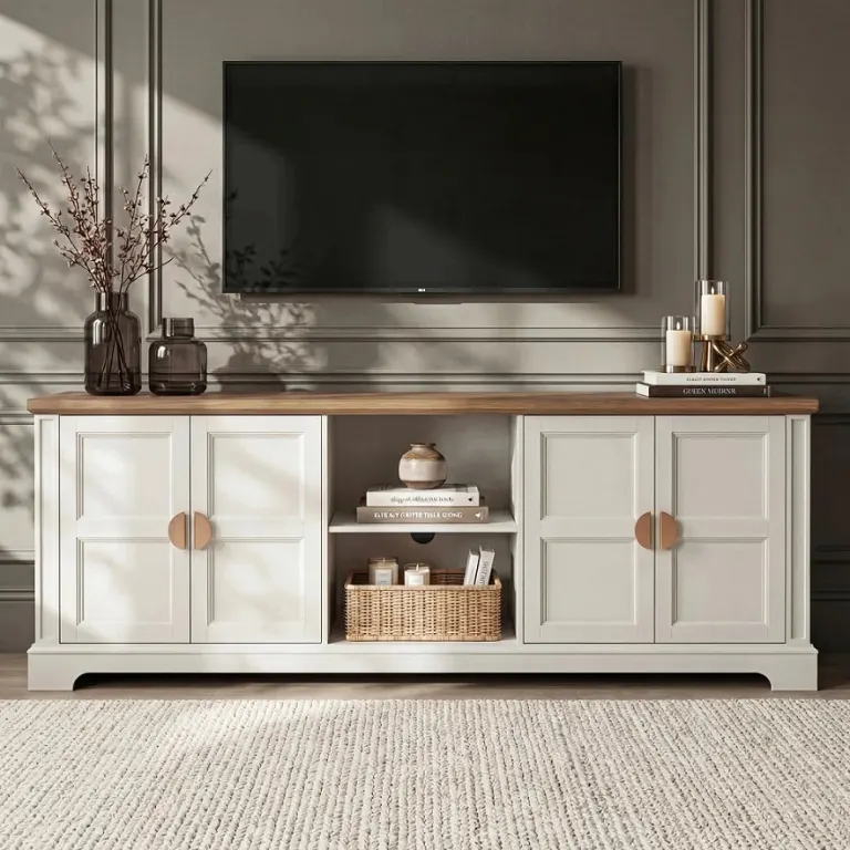 White TV Unit – Two Side Cupboards, Open Centre Shelving