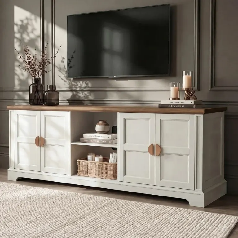 White TV unit, angled view