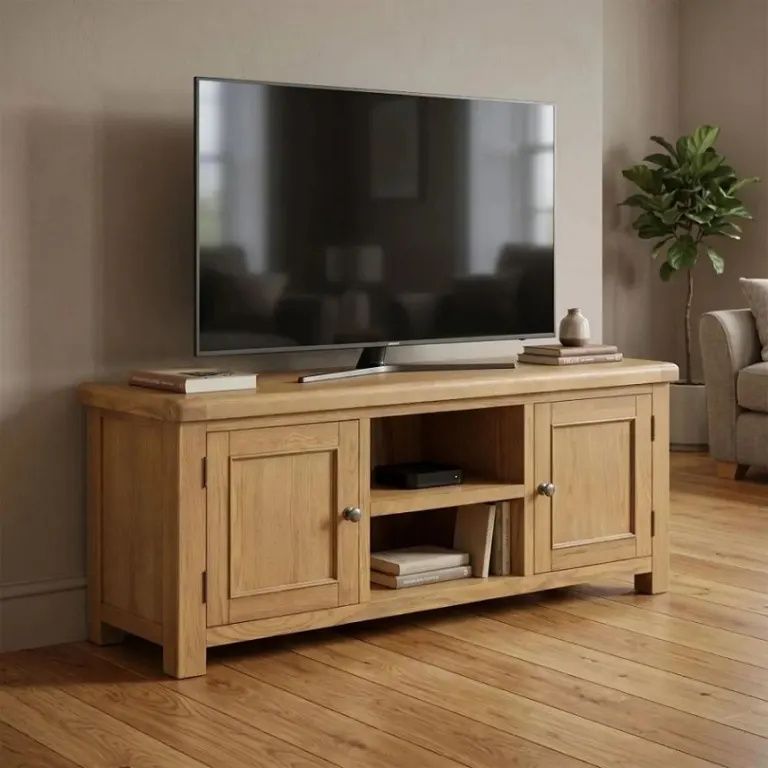 Oak TV Unit – Two Doors, Open Centre Shelf