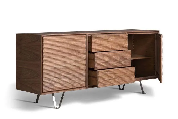 Reeded Walnut TV Unit – Metal Legs, Drawers