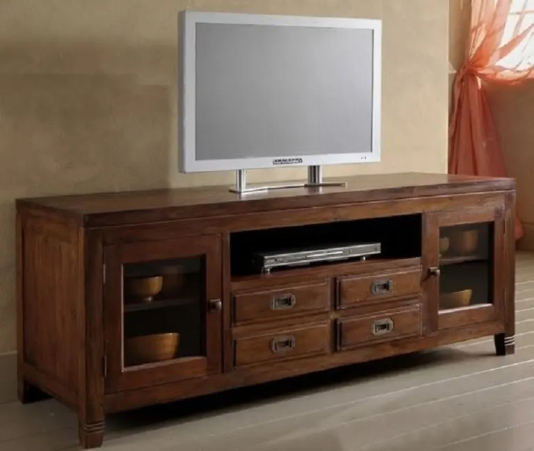 Walnut TV Unit – Glazed Side Doors, Drawer Centre