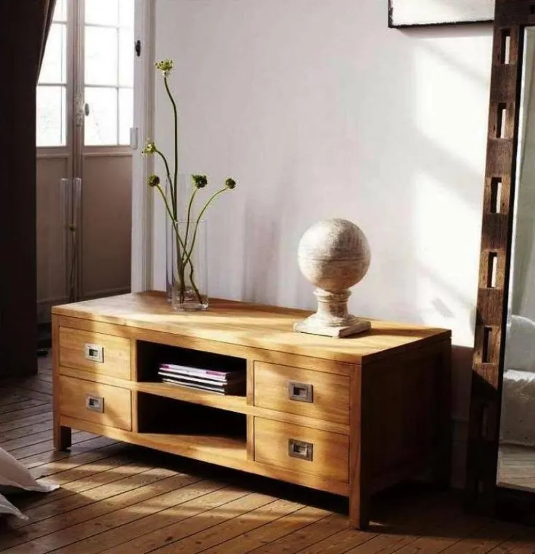 Honey Wooden TV Unit – Drawer Sides, Open Centre Shelf