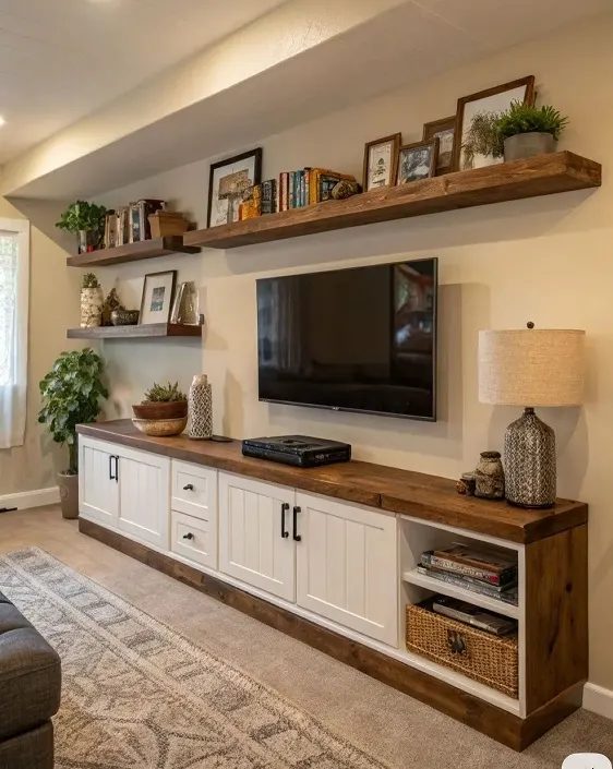 Built-In TV Unit – White Base Cabinets, Wooden Wall Shelves