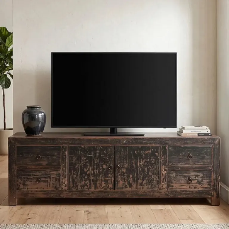 Distressed Dark TV Unit – Carved Panel Doors, Low