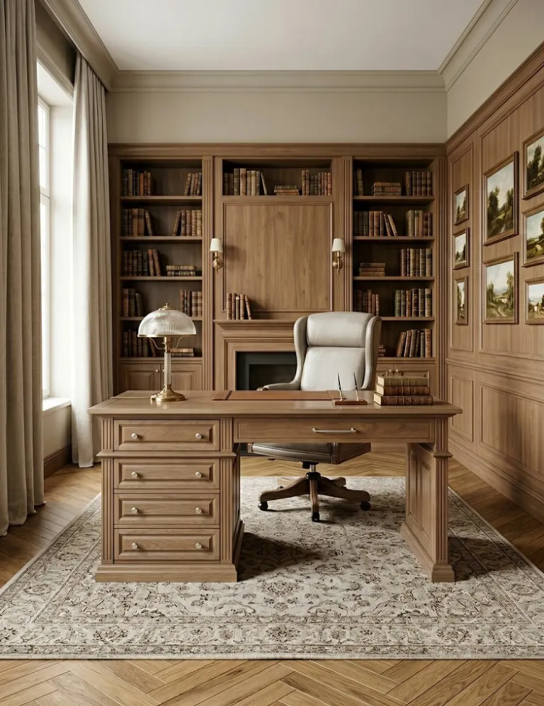 Oak-Panelled Study – Bookcase Wall, Executive Desk