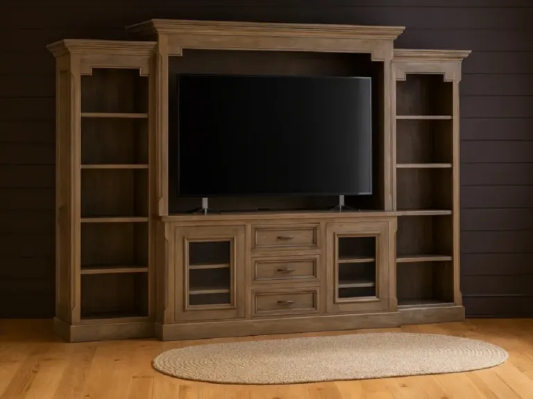 Oak TV Wall Unit – Open Side Towers, Bridge Shelf