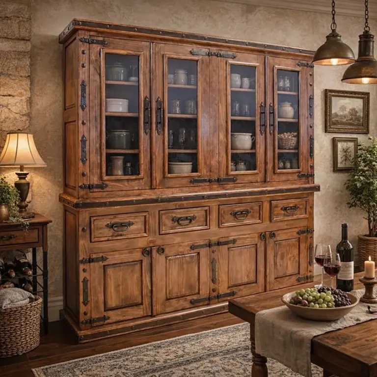 Rustic hutch with ironwork in a dining room