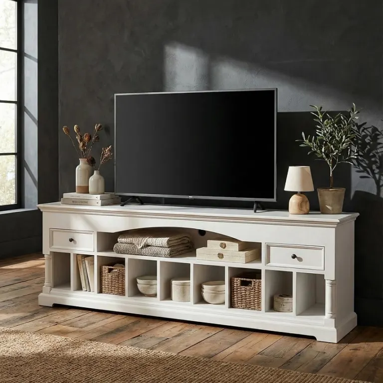 White TV Console – Open Cubby Shelving, Two Drawers