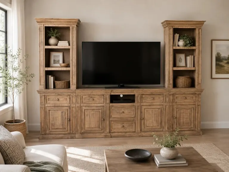 Oak TV Unit with Display Towers – Glazed Sides, Cupboards