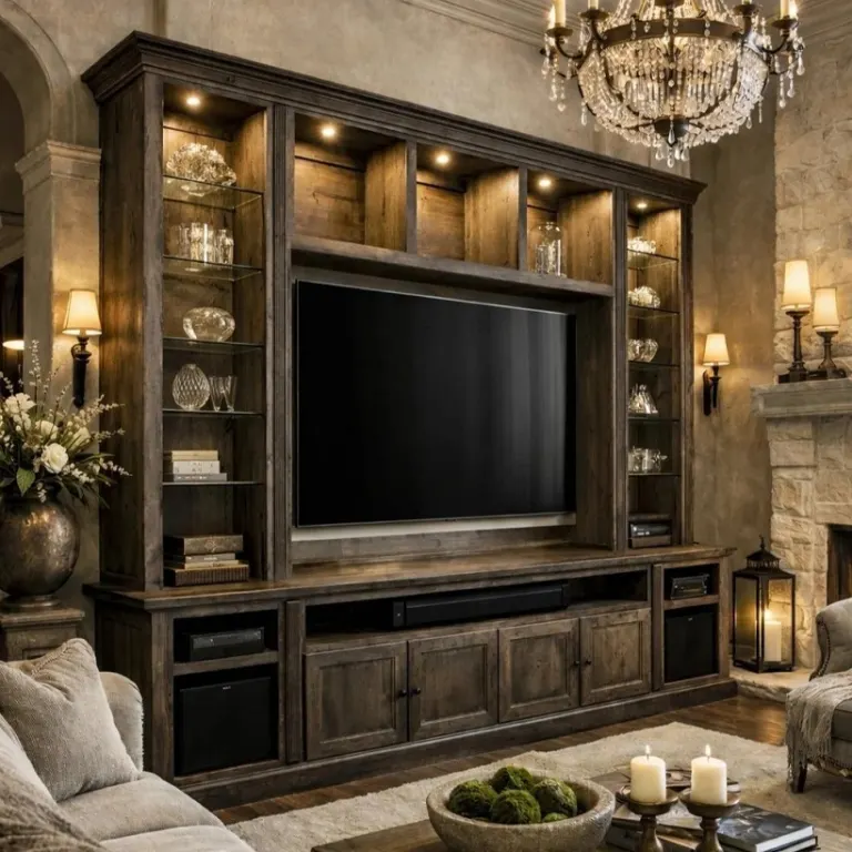 Lit Dark Wood TV Wall Unit – Display Cabinets, Arched