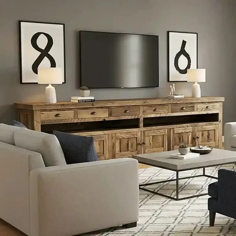 Long Rustic TV Console – Top Drawer Row, Lower Doors
