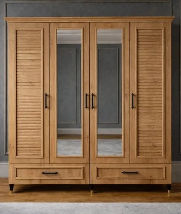 Mirrored and Louvred Wardrobe – Four Doors, Lower Drawers