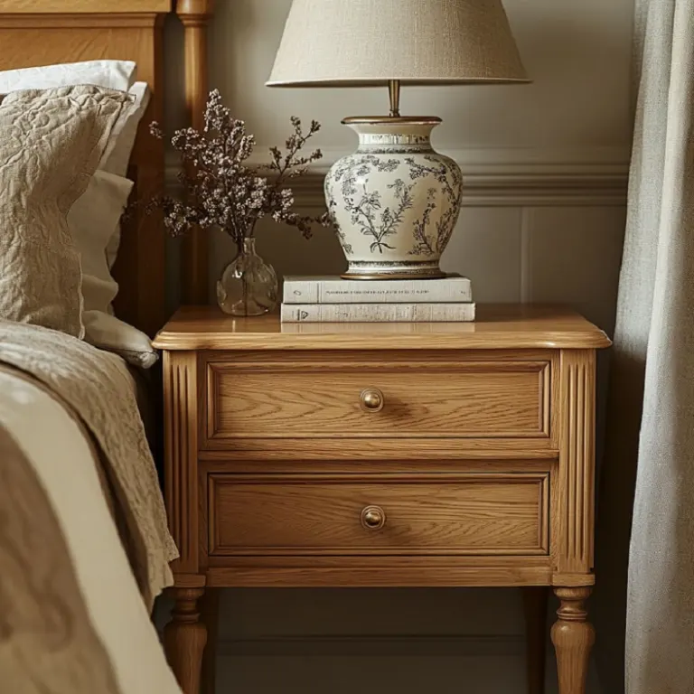 Oak Nightstand – Two Drawers, Turned Legs, Classic