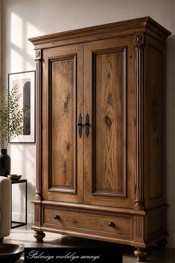 Oak Classic Armoire – Double Doors, Lower Drawer, Cornice