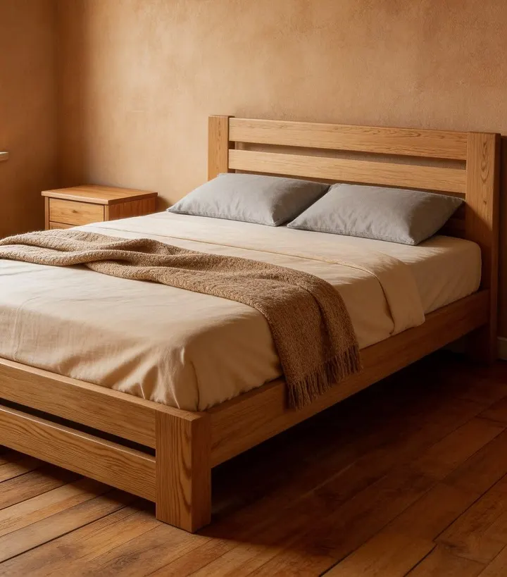 Oak Bed with Rail Headboard – Thick Posts, Simple Frame